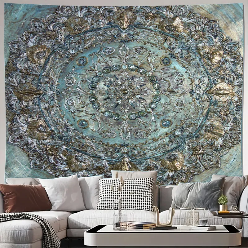 Ornate Mandala Tapestry Wall Hanging Boho Bohemian Mediterranean Style Textile Art Print Blue Teal Peacock Decor Large Size Abst