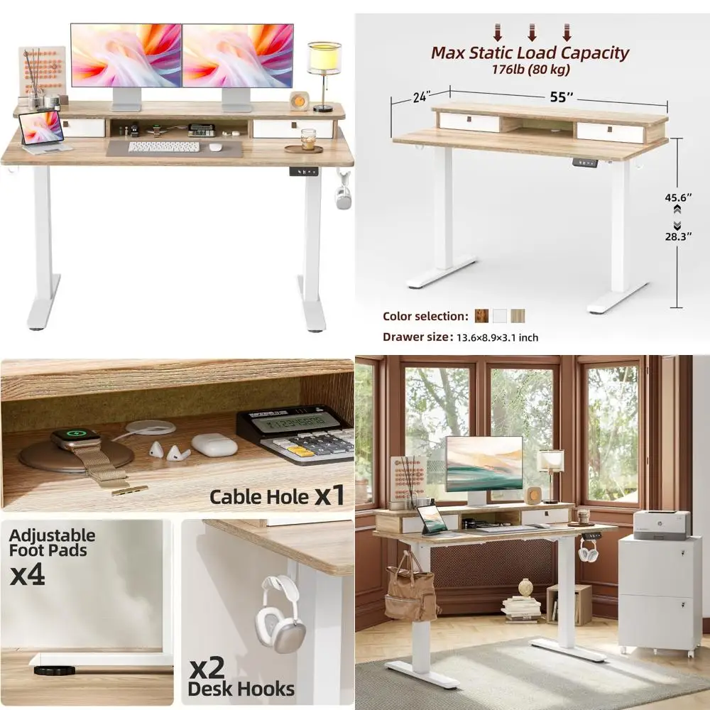 

24 Electric Height-Adjustable Desk with Storage Drawers, Standing Desk Converter for Home & Office