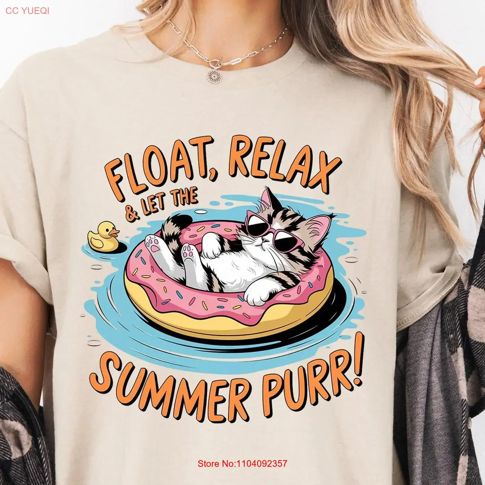 Float Relax let the Summer Purr Cute Cat T shirt Youth Beach Cat's for Cats Lover Mom vintage Washed Comfortable Slightly
