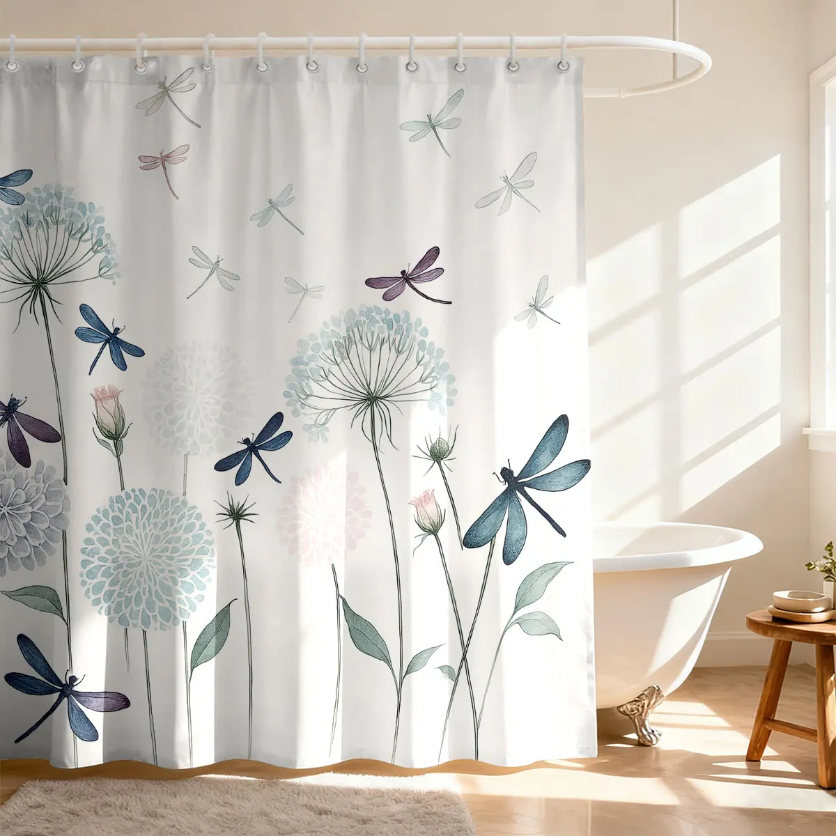 Blue Dragonfly Flowers Shower Curtain with Hooks Waterproof Polyester Fabric Bathroom Modern Minimalist Curtains for Bath Room