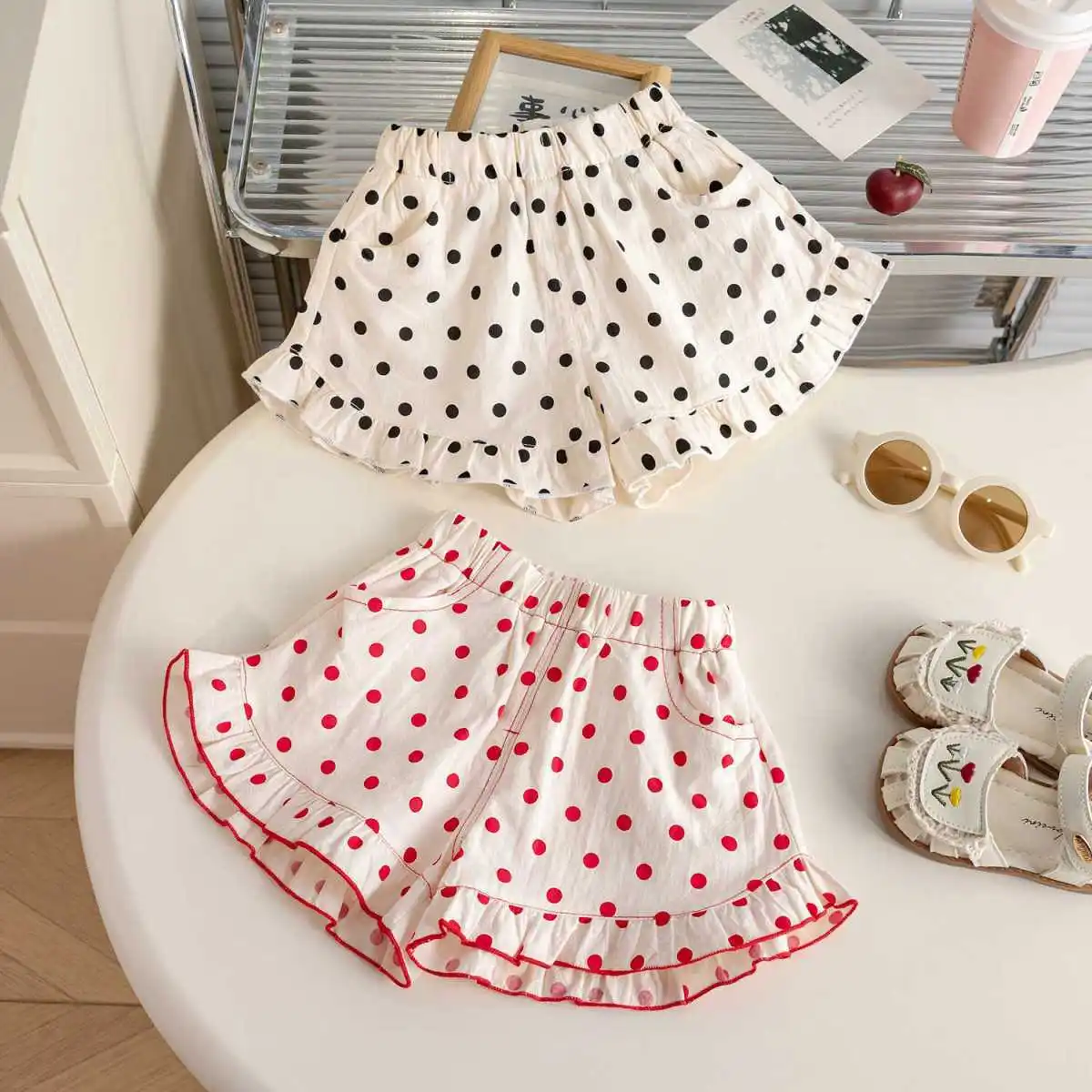 2026 Summer New Girls Shorts Korean Style Polka Dot Lace Trim Thin Casual Outer Wear Pants for Baby Girls