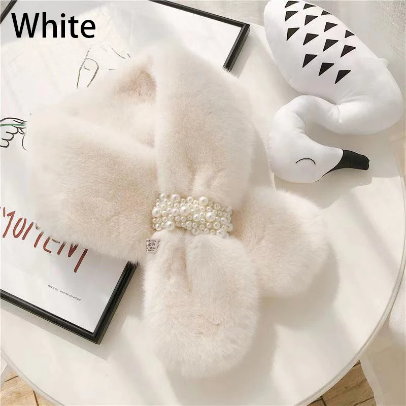 Winter Soft Plush Pearl Buckle Women Cross Scarf Warm Neck Warmer Elegant Faux Rabbit Fur Collar Ladies Snood Scarf