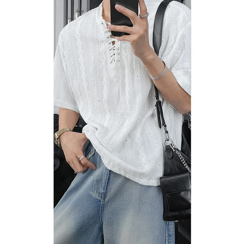 

Summer Men Short Sleeve Drawstring V Neck Sweatshirt Hollow Out Teenager Street Fashion Personality All-match 2xl Oversized Tops