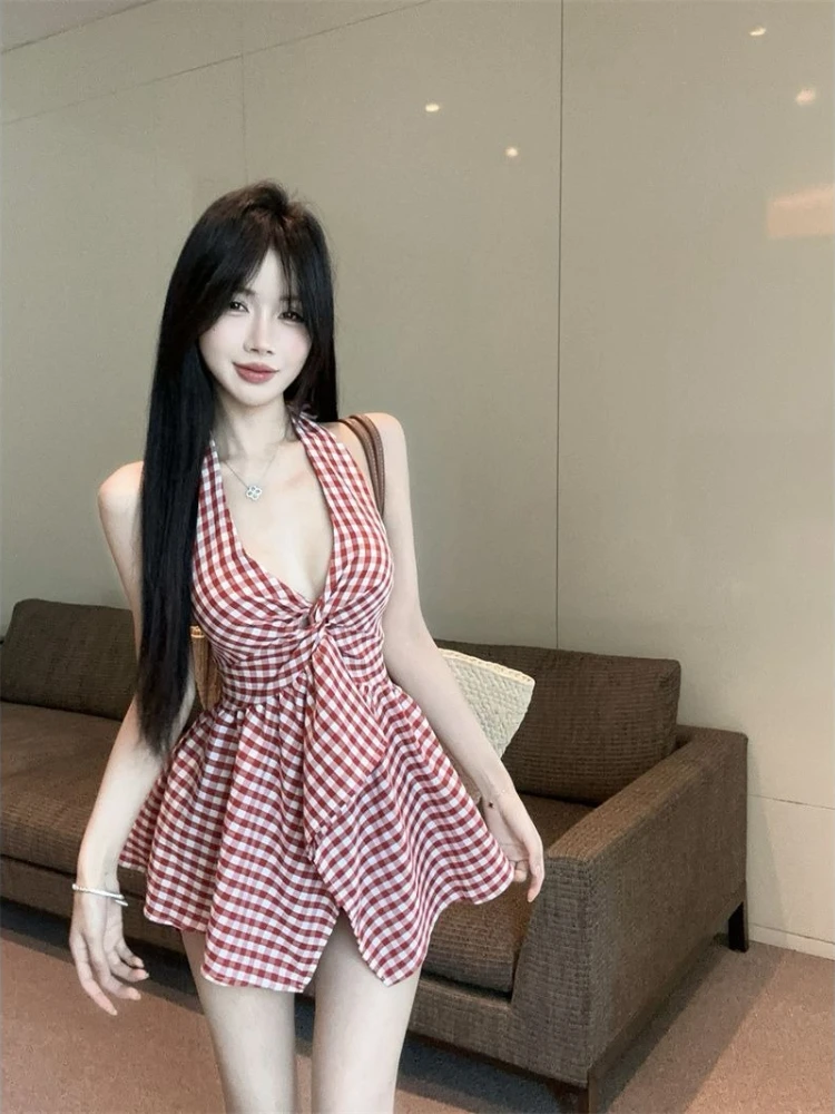 2026 Summer Women Y2k Plaid Shirt Backless Twist Knot Blouse Slim Fit Irregular Strap Crop Top Designer Streetwear