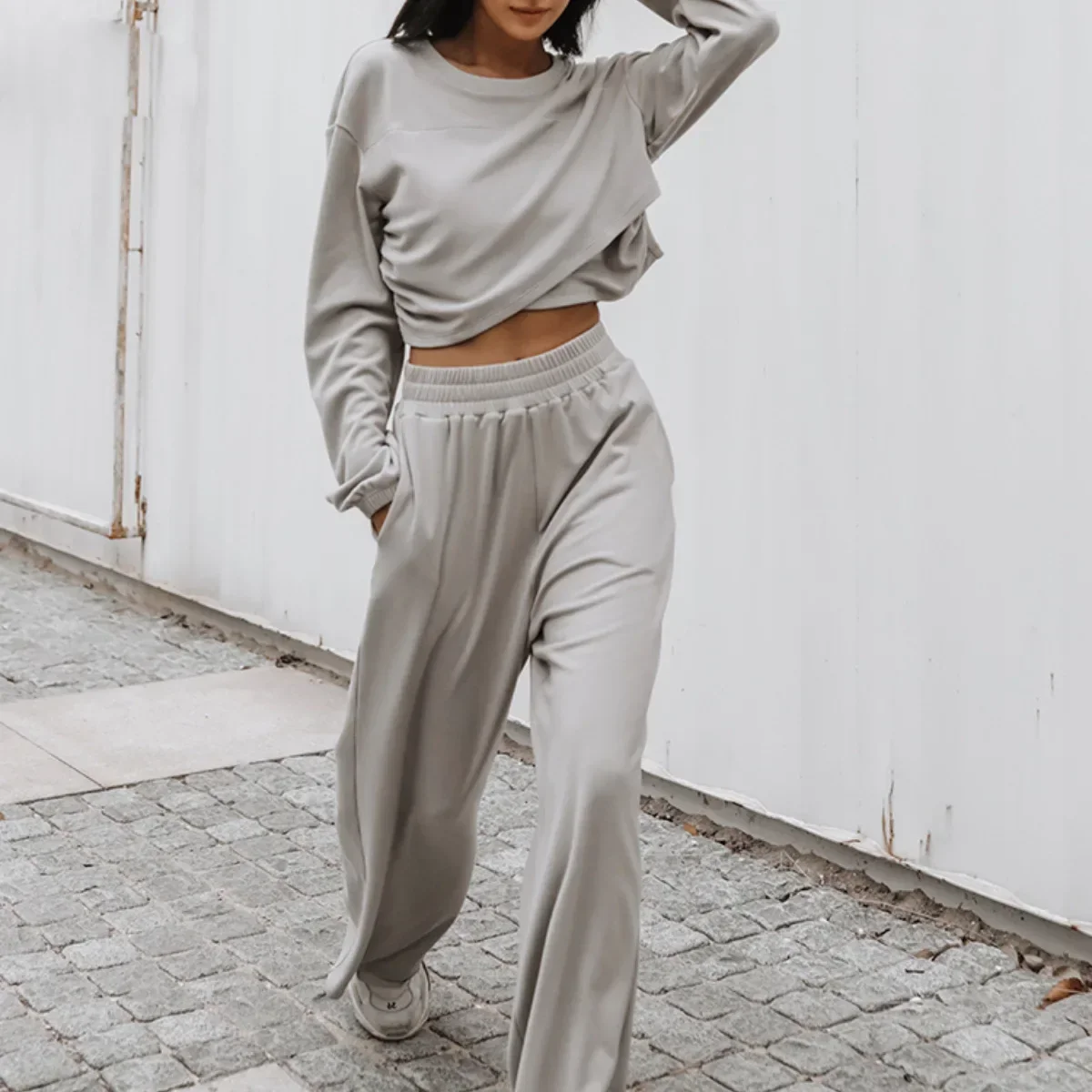 Casual Tracksuit Set for Women, Sexy Belly Button, Sports Sweatshirts, Pullover, Monochrome Hoodies, Winter and Spring, Korea