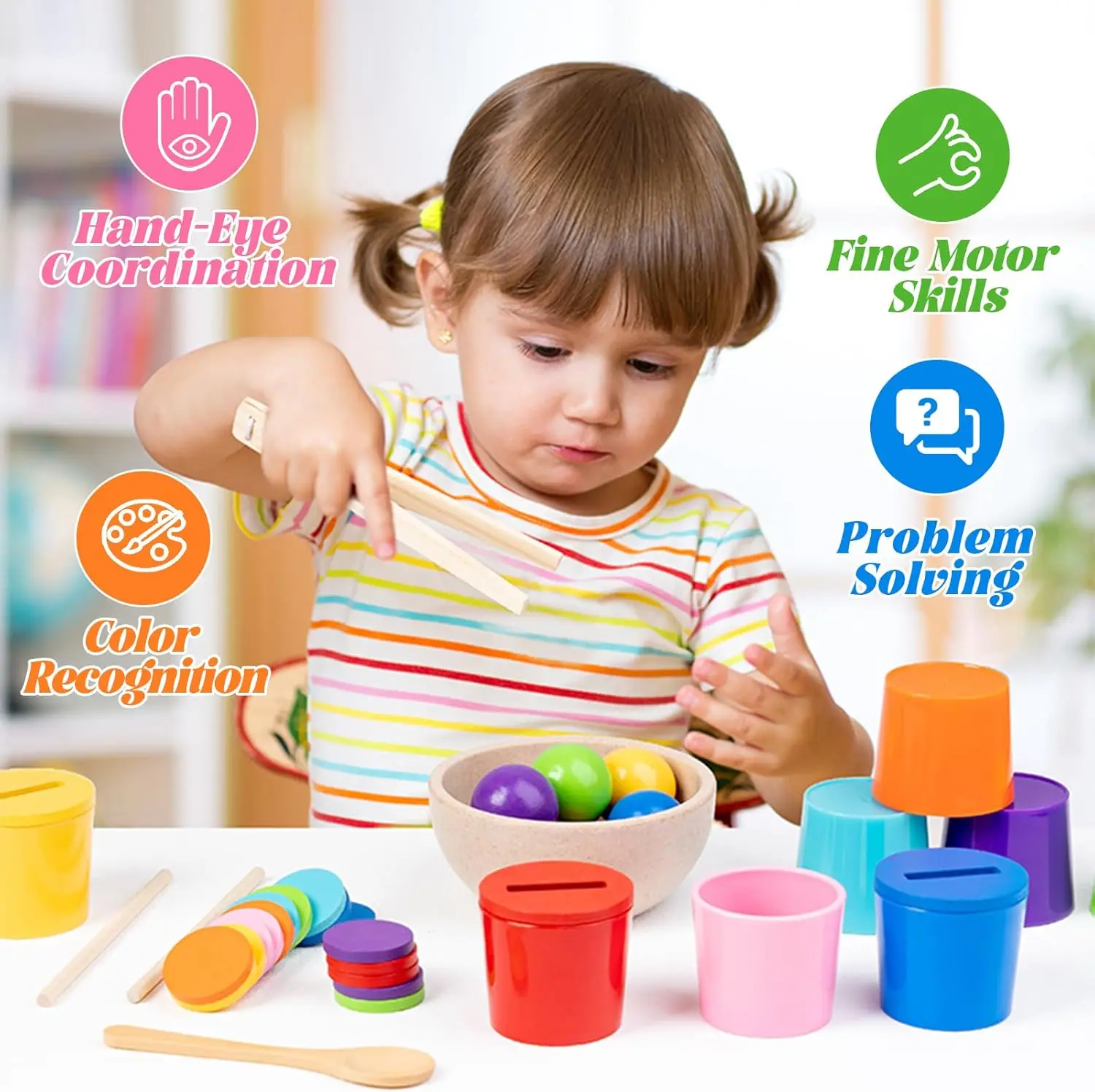 Montessori Wooden Toy Color Matching Game Rainbow Balls in Cups Early Education Learning Toys for Preschool Children Age 3+