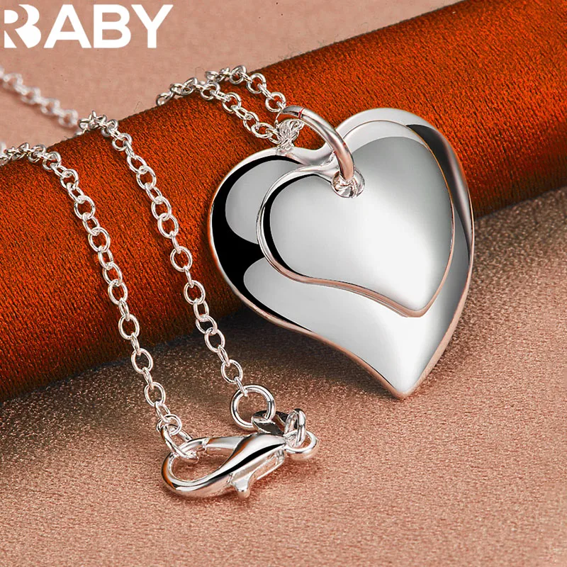 

URBABY 925 Sterling Silver With 16-30 inch Chain Double Heart Pendant Necklace For Women Men Fashion Wedding Party Jewelry Gifts