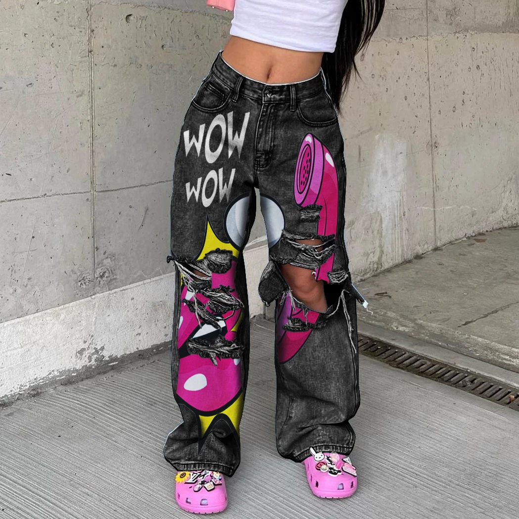 Women's Jeans 2024 Spring New Street Style High Waist Ripped Frayed Wide Pants Fashion Printed Long Pants Baggy Jeans Female