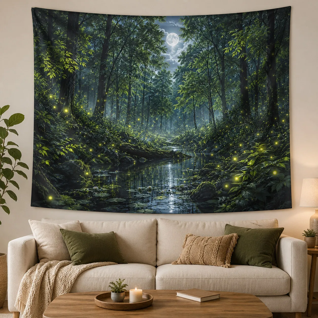 Aesthetic Forest Tapestry Fireflies Night Trees Wall Hanging Blanket Boho Room Decor Backdrop Cloth Fabric Tapestries