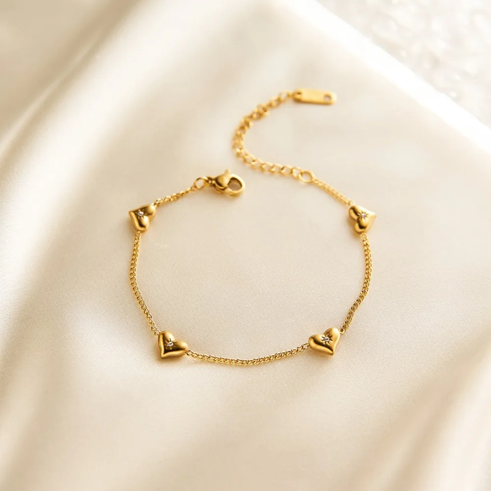 Sweet Romantic Stainless Steel Gold Color Four Puffy Hearts Inlaid Small Zircon Love Adjustable Bracelets for Women Men Jewelry