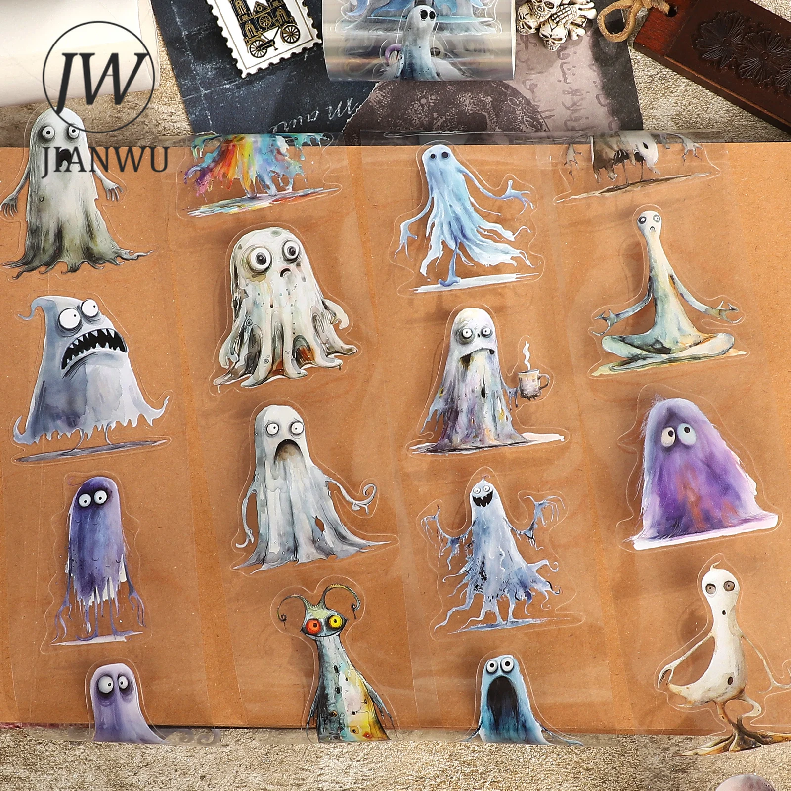 JIANWU 60mm*200cm Pita PET Vintage Karakter Hantu Unik untuk Kolase Bahan Lanskap Scrapbook Kreatif DIY Alat Tulis Jurnal