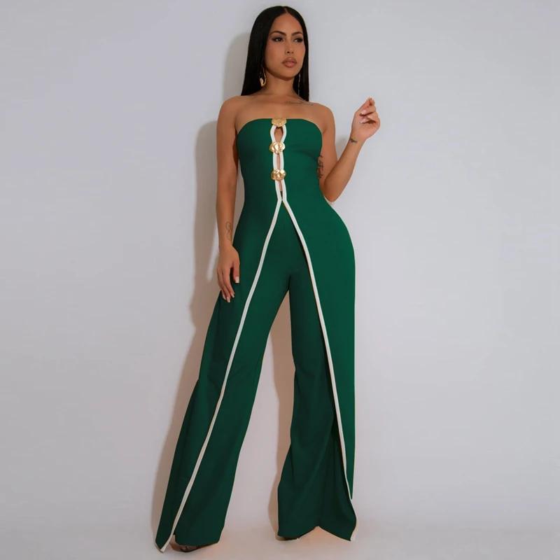 STYLISH LADY Contrast Color Patchwork Elegant Jumpsuits 2025 Summer Women Sleeveless Strapless OL Party Wide Leg Overalls