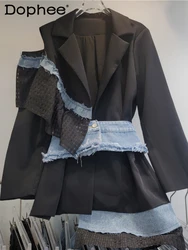 Heavy Industry Denim Splicing Blazer Women 2024 New High-end Design Single Shoulder Hollow Loose Suit Top Hipster Jacket