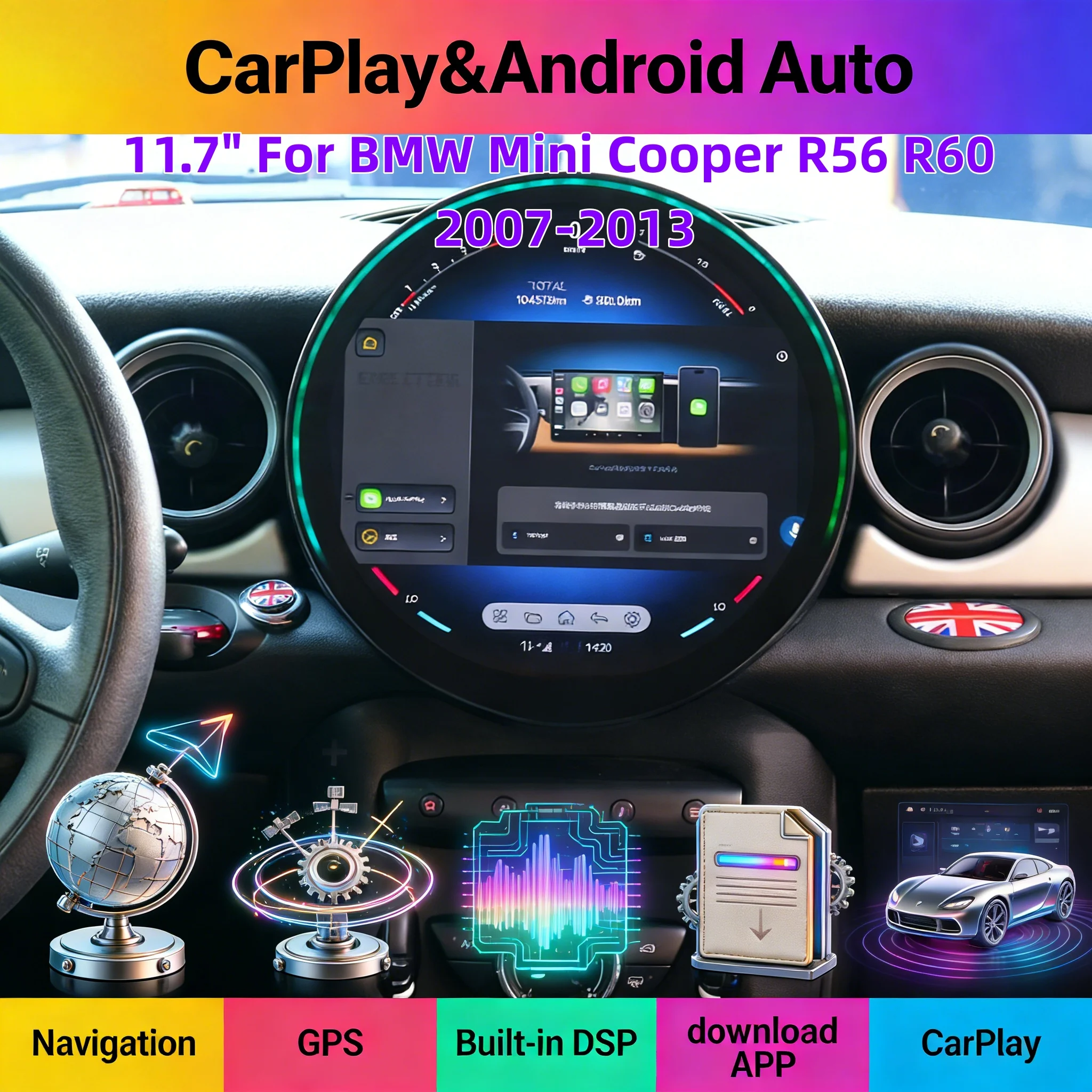 

11,8-дюймовый Android-навигатор, GPS-мультимедийный плеер для BMW Mini Cooper R56 R60 2007-2013, беспроводной стерео Carplay, авторадио 4G