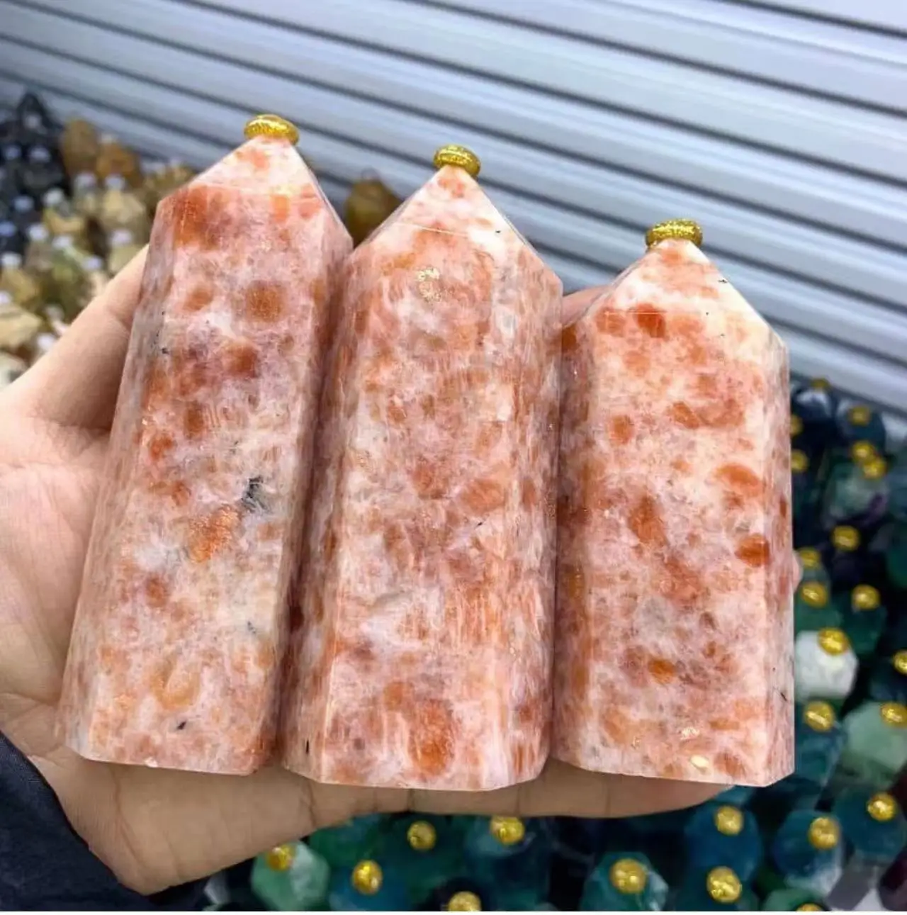 1pc Natural Gold Sunstone Hexagonal Column Ornaments Gemstone Tower Point Healing Reiki Energy Stones Gifts Home Decoration