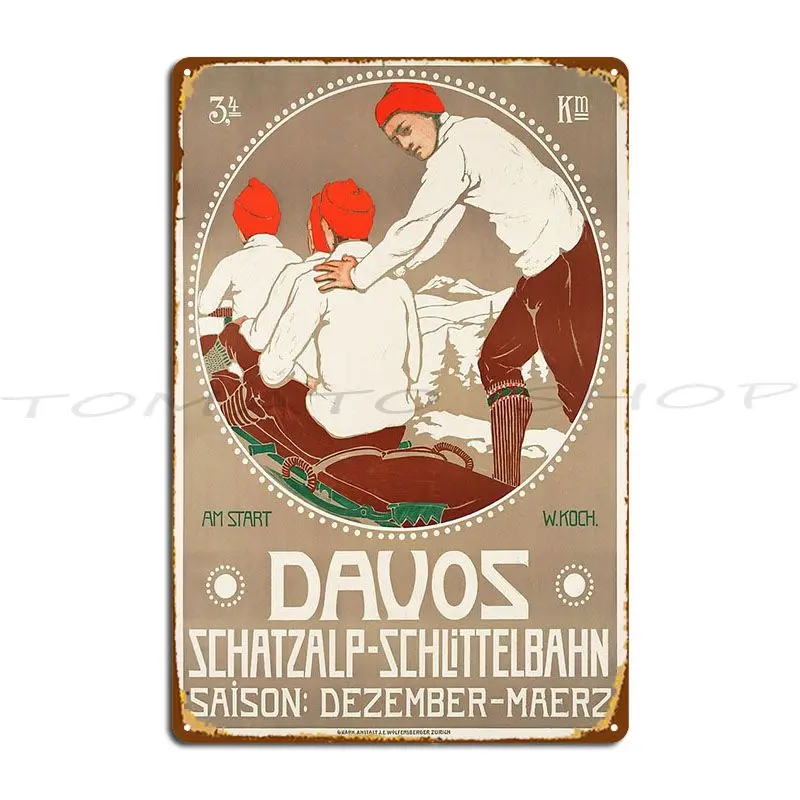 Winter In Davos Vintage Ice Skating Travel  Circa 1914 Metal Plaque Poster Wall Pub Cave Plates Club Print  Tin Sign Poster