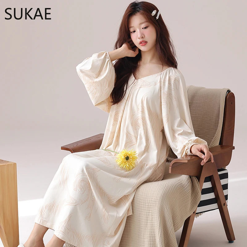 SUKAE Elegant Women Nightgowns Spring Vintage Court Style Lady Chic Dress Autumn Faux Cotton Nightdress Gorgeous Long Sleepshirt