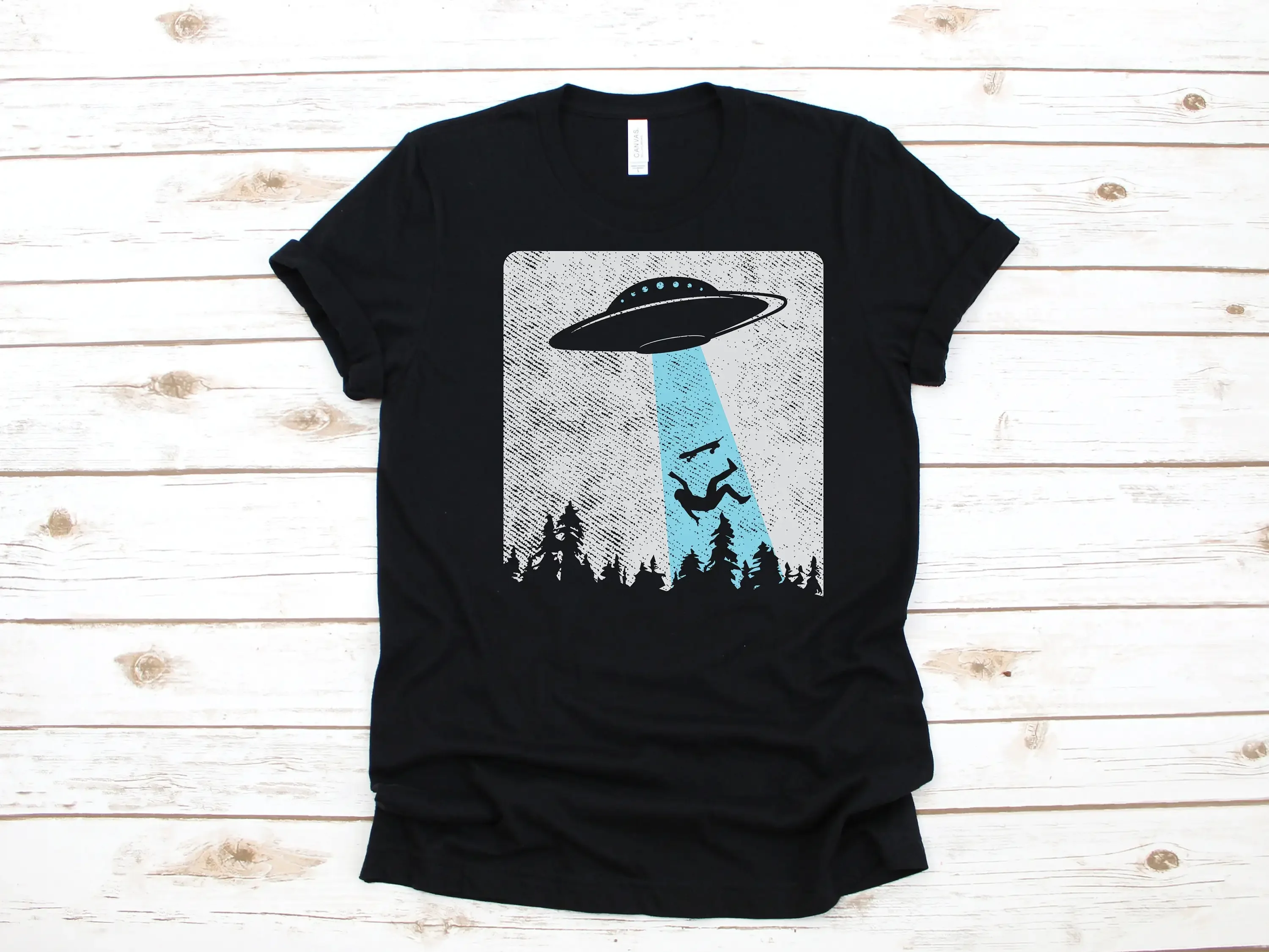 Camiseta divertida de manga larga para niños, ropa de Skateboarder Alien UFO