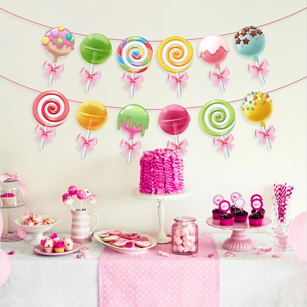 Doces Lollipop Tema Toalhas De Mesa Descartáveis, Baby Shower, Birthday Party Banner, Bolo Toppers, Camping Backdrops Decorações