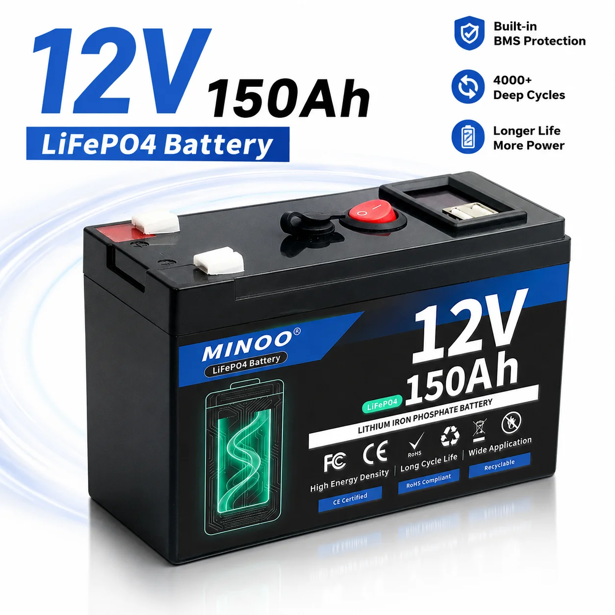12V 150Ah LiFePO4 Solar Battery Deep Cycle Rechargeable Built-in BMS Lithium 150000mAh for Power Wheels Scooters Fish Finder