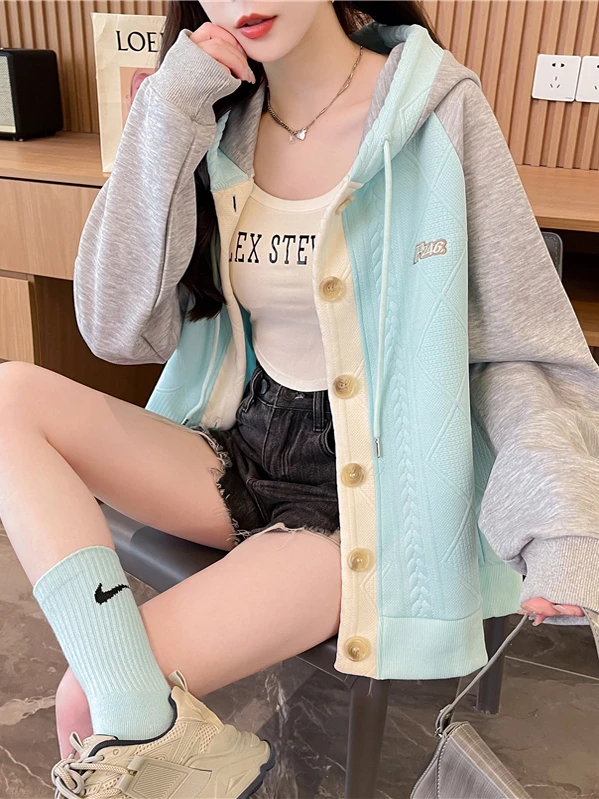 Loose Women's Hoodie Spring Autumn Color Blo Splicing Open Cardigan Jaet Large Size Comfortable Cotton Blend Korean Sle