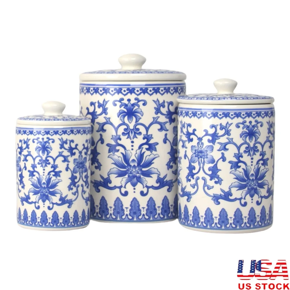 

Ceramic Canister Set 3 Piece Kitchen Storage Jars Floral Geometric Patterns Food Storage Containers with Lids Silicone Gaskets