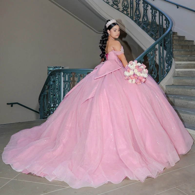 

Pink Shiny Quinceanera Dresses Ball Gown Off The Shoulder Beads Bow Tull Corset Sweet 16 Dress Vestido De 15 Anos