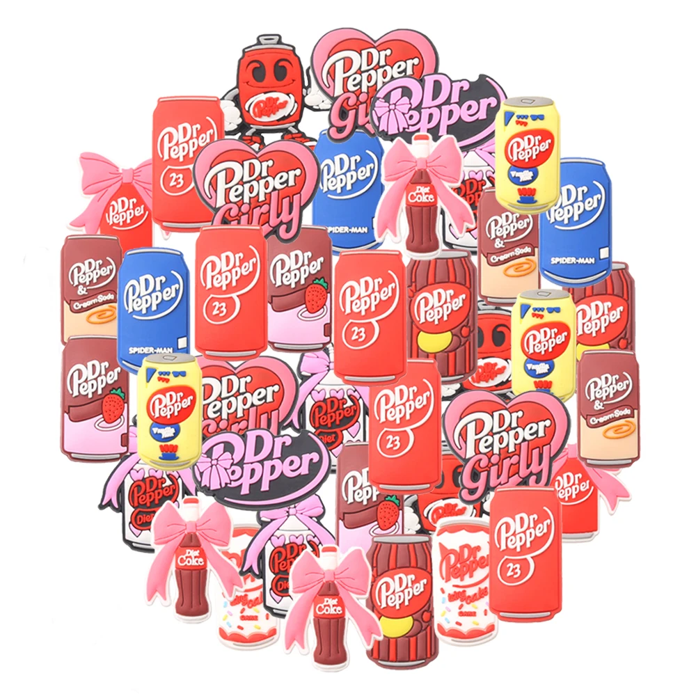 13/50pcs Dr Pepper Shoe Charm Drinks Designer for Shoe Accessories Dreations for Sandals Sneaker Classic Clog Kids X-mas Gifts