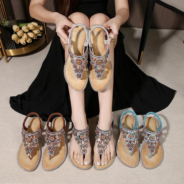 New Bohemian rhinestone sandals, casual and comfortable, latex massage, thick-soled, large size, flat shoes - view 6