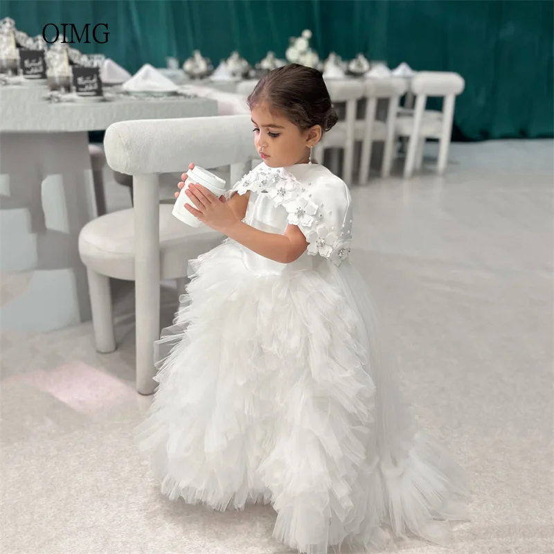 

OIMG Ivory 3D Flowers Assymetrical Flower Girl Dresses Cap Sleeves Wedding Party Gown Floor Length Birthday Dress Customized