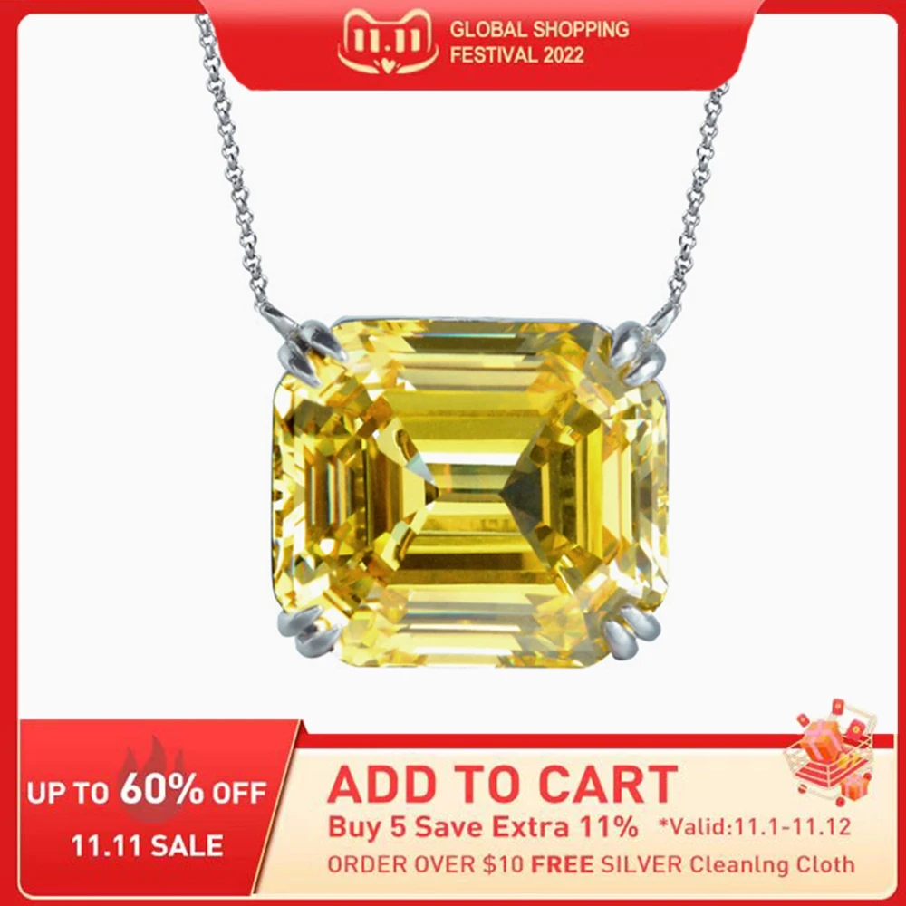 

WUIHA 925 Sterling Silver Asscher Cut 14*16MM Fancy Yellow Sapphire Created Moissanite Diamonds Pendant Necklace for Women Gifts