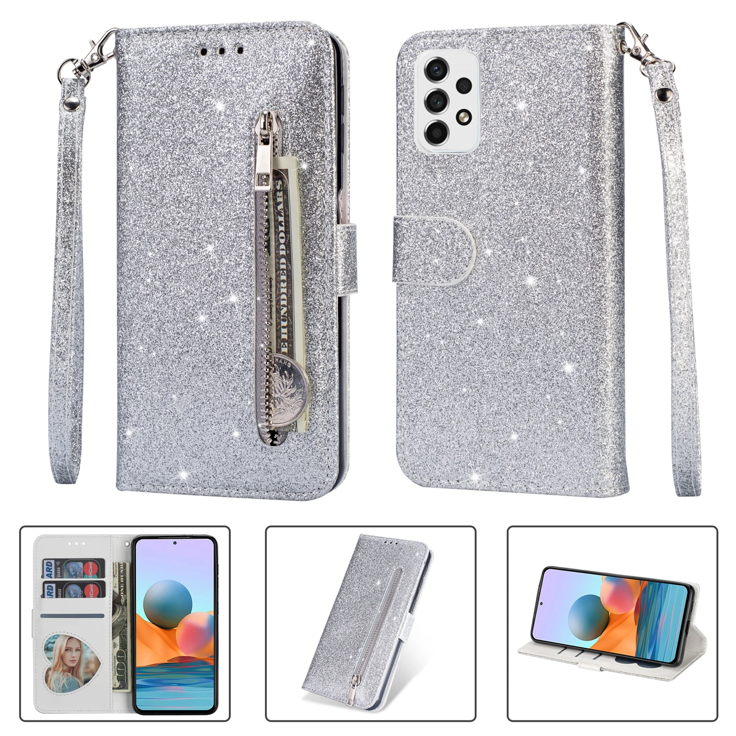 Fashion Luxury Glitter Leather Holder Flip Case For Xiaomi 12T Pro Redmi 10C Redmi Note 11 4G POCO M4 Pro 9A 9C Wallet Cover