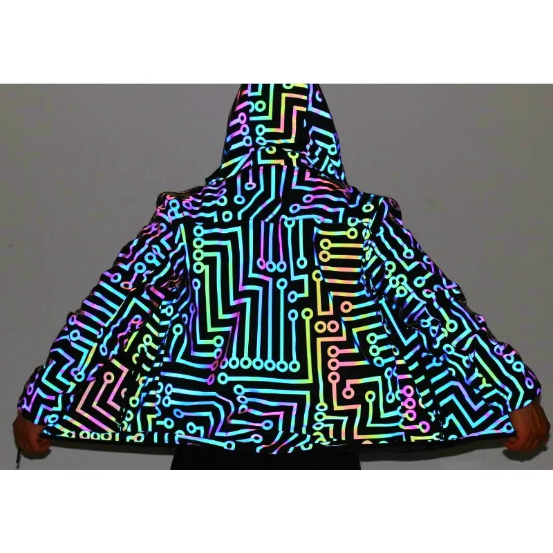 سترة عاكسة مطبوعة على شكل دائرة بألوان قوس قزح ملابس هيب هوب للرجال والنساء سترة واقية للسلامة الليلية في الهواء الطلق معطف أنيق للجنسين