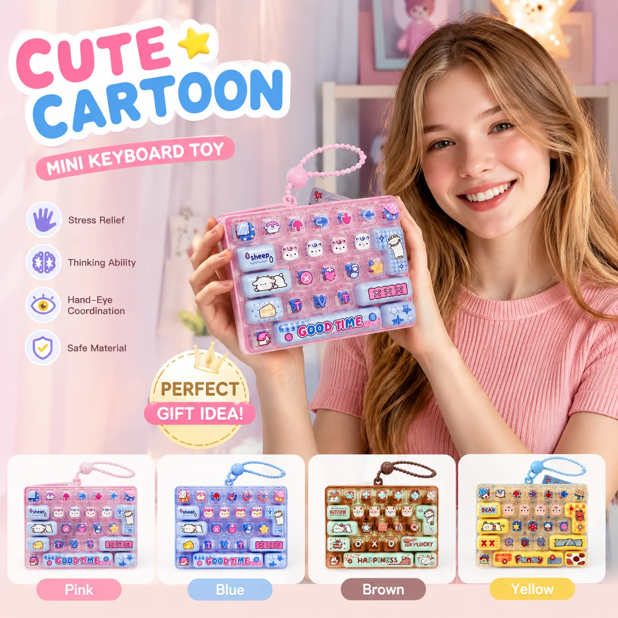 Candy Color Keycap Keychain 26 Letters Cute Cartoon Keyboard Clicker Fidget Toy Bag Pendant Stress Relief Keyring