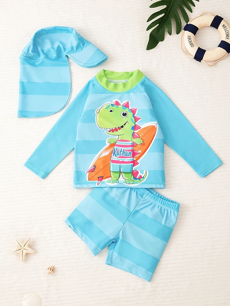 3pcs boys sun protection long sleeved top, shorts, sun protection hat, swimsuit set, baby swimming pool, beach play