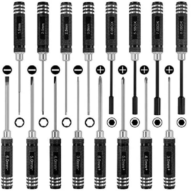 16pcs Model Hex Phillips Screw Nut Flat Hexagonal Screwdriver Steel Set With Black Round Hand Shank For Rc Model Mini Hand Tool