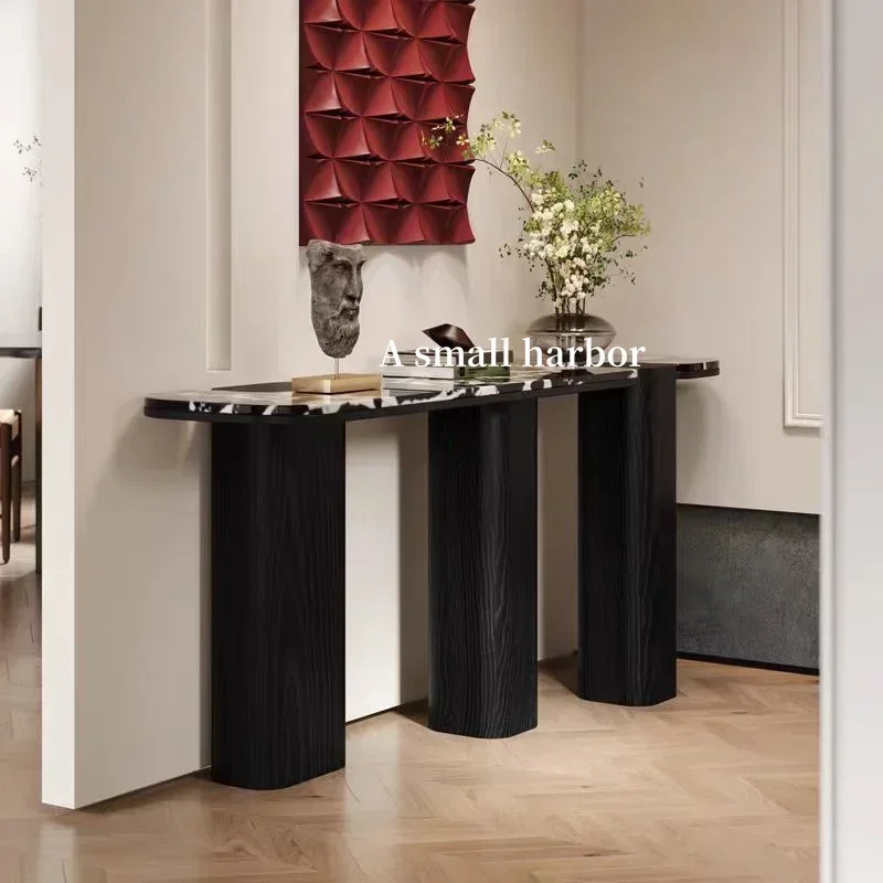 A Medieval light luxury high-end marble entrance table Hotel lobby decoration rectangular model solid wood entrance platform