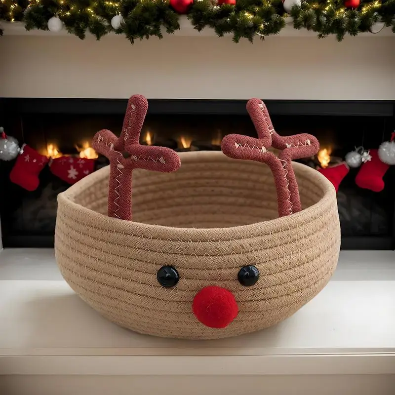 Christmas Reindeer Basket Round cotton Woven Storage Bin Holiday Party Supplies Decorative Organizer for Candies Fruits sundries