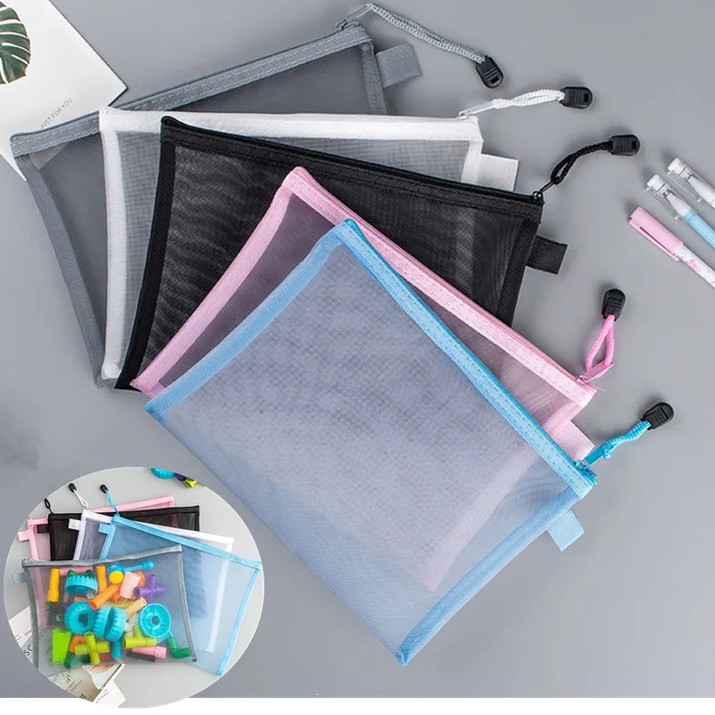 1 PCSTransparent Mesh Zipper File Bag Book Folder Stationery Pencil Box Storage Bag A4 A5 A6