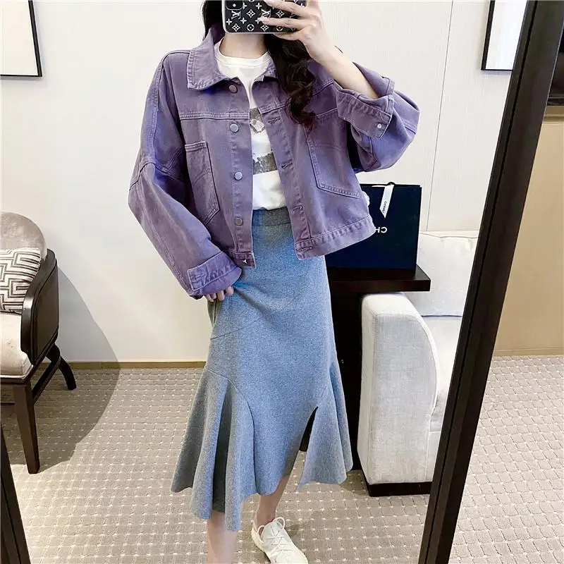 Purple Denim Jacket Women's Denim Jacket Simple and Fashionable Long Sleeved Casual and Versatile Short Top Women's New Style