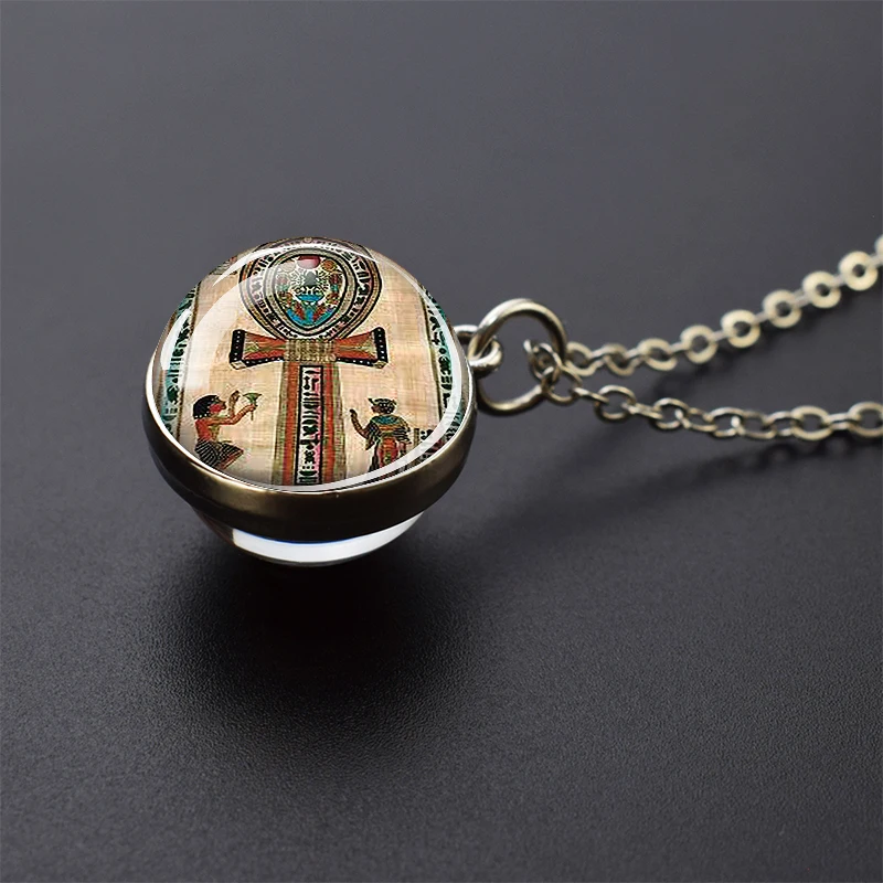 Egyptian Ankh Necklace Ancient Egypt Anubis Glass Ball Pendant Necklace Amulet Jewelry