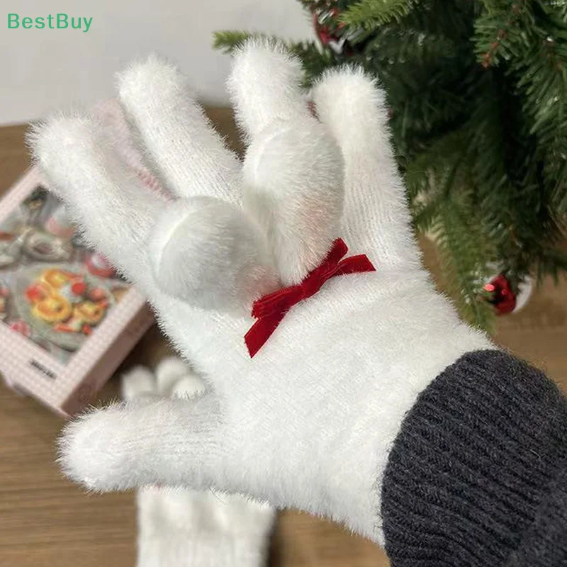 1 pair  Cute Plush Cold Proof Rabbit ear five-finger gloves