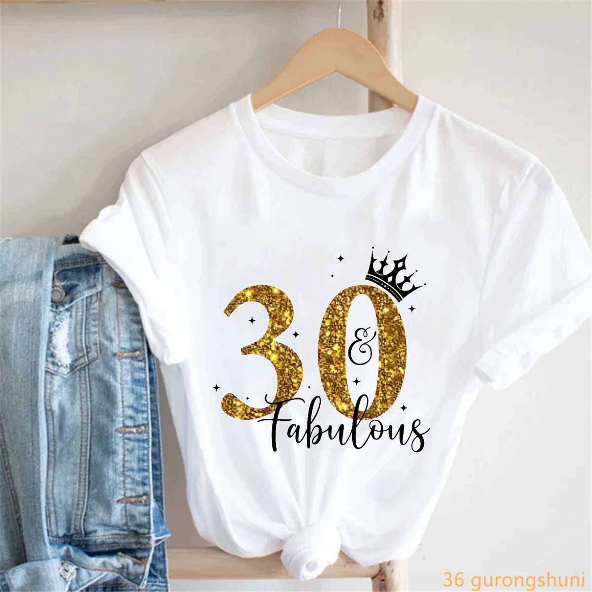 Golden 30th/40th Fabulous Letter Printed T Shirt Women Birthday Party Fashion T-Shirt Femme Summer Tops Short Sleeve T-Shirt
