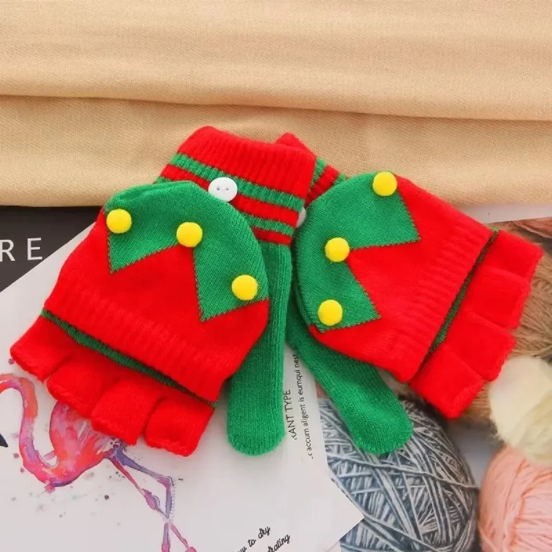 Festive Christmas Flip Knit Gloves, Cute Cartoon Convertible Half Finger Mittens Warm For Xmas Party Daily Wear