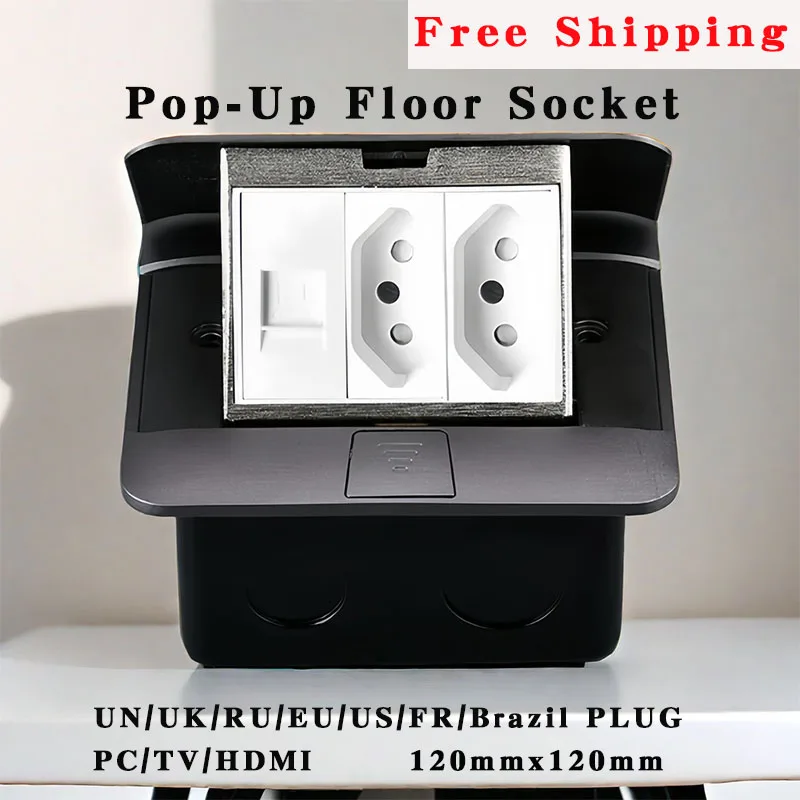 

120x120mm Pop-Up Floor Socket RU/USEU/FR/UK/UN/Brazil PLUG Metal Panel PC/HDMI/TV 220V Hidden Built-in Desk Office Kitchen