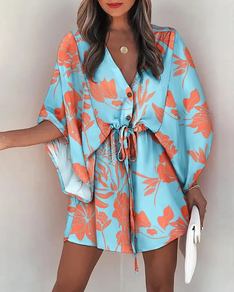 

Fashion Bat Sleeve Print Dress Spring New Vacation Women's Clothing Casual V-neck Single Breasted Lace Up A-line Mini Dresses