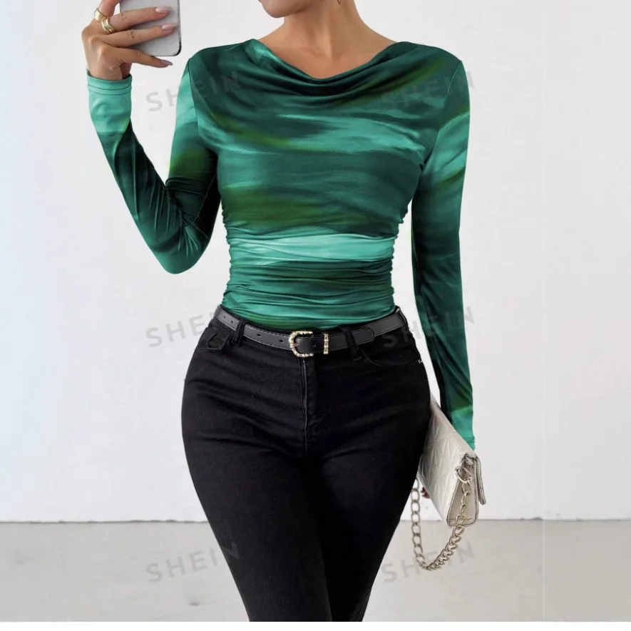 Women Print Tops O Neck Long Sleeve T Shirt Casual Spliced Lady Slim Fit Shirts Elegant Skinny Office Lady Autumn 2025