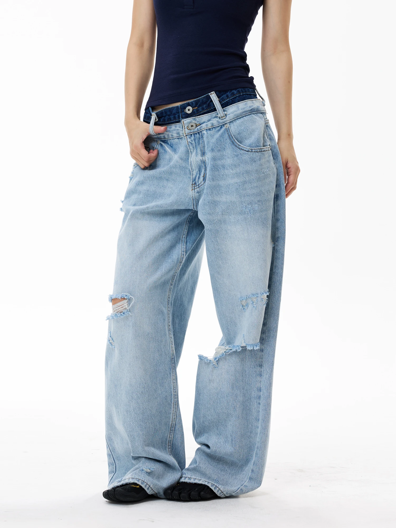 Yeboon American Retro Waist Design Sense Hole Denim Pants Light Blue Loose Wide Leg Straight Cut mid Waist Long Trousers