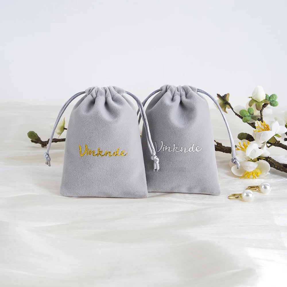 Personalized Logo Drawstring Bag 8X10cm Grey Thick Velvet Pouch Custom Pull String Bags Coin Lipsticks Earrings Necklace Sack