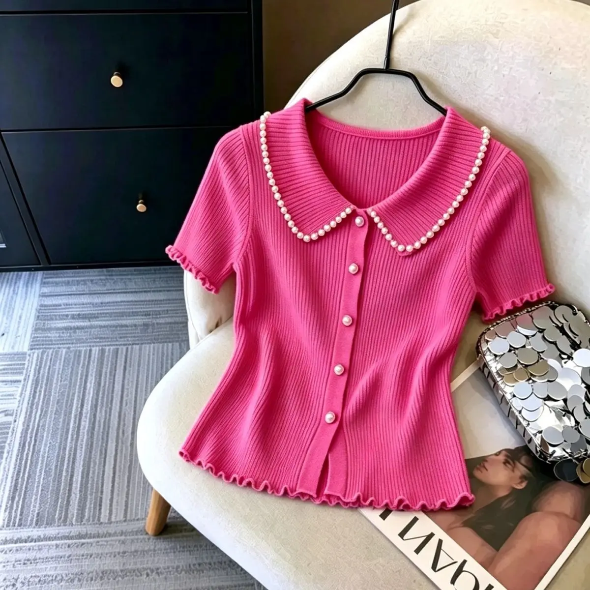 Womens Short Sleeve Ribbed Knit Top Pink Doll Collar Pearl Trim Pearl Buttons Ruffle Edge Stretchy Slim Fit Summer Casual Blouse